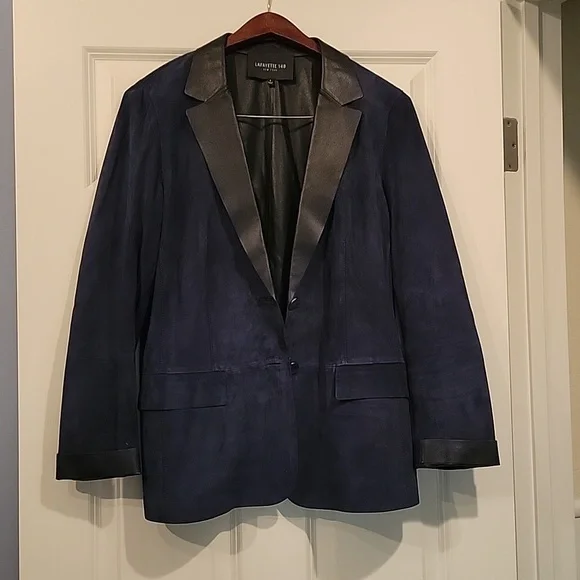 Layfette 148 Suede Leather Navy Blazer Jacket Size 8 - Picture 1 of 9